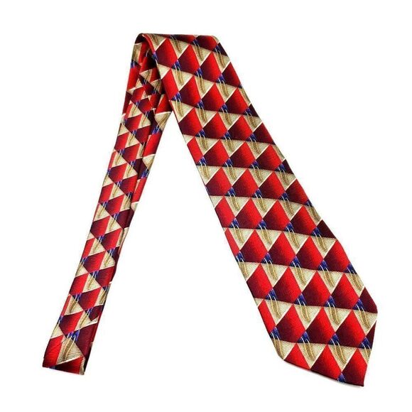 JZ Richards Silk Tie Print Red Geometric Wide Hand Made - Picture 7 of 7